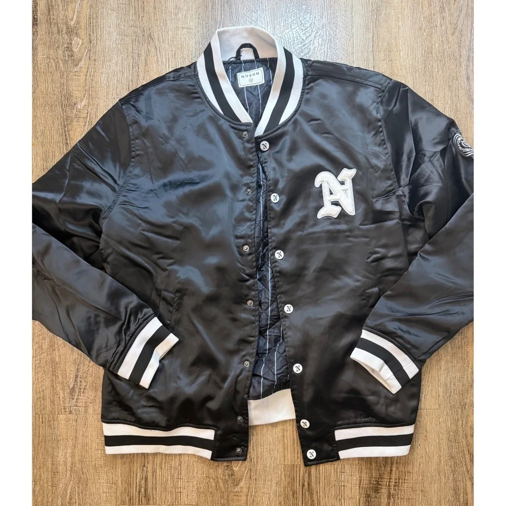 NUSUN Black Satin Varsity Bomber Jacket XL NWT Quilted Lining Streetwear Snap